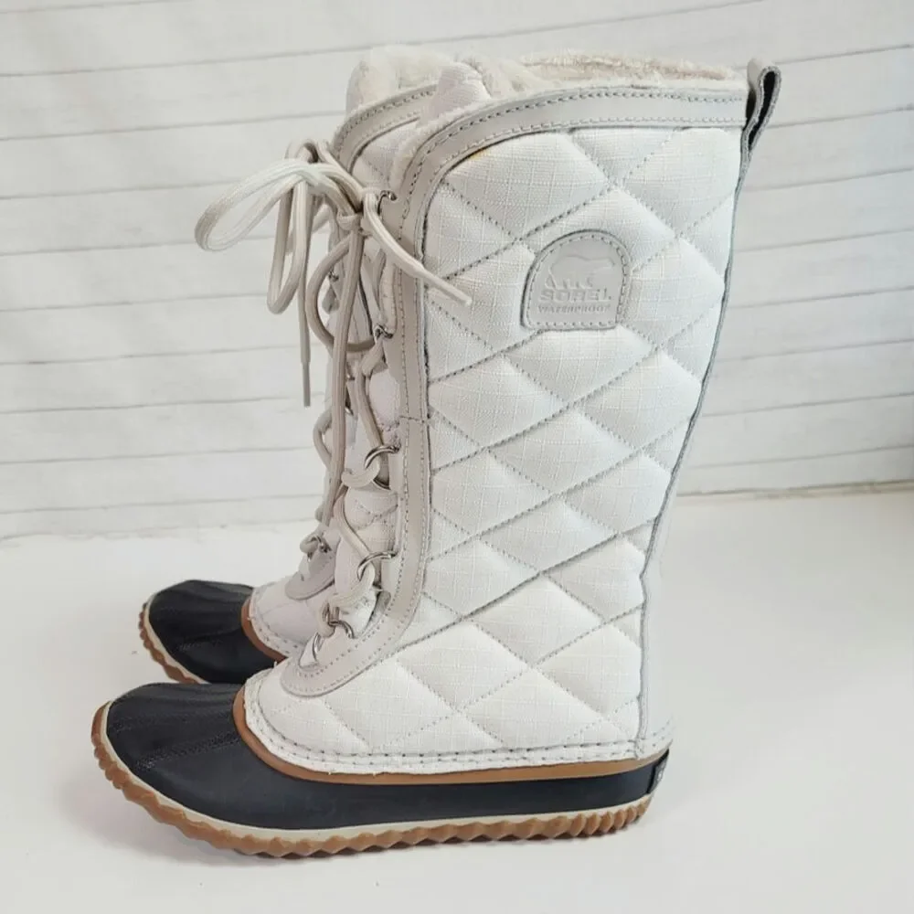 SOREL OUT & ABOUT TALL WATERPROOF LACE UP BOOTS IN WHITE, SZ 6.5